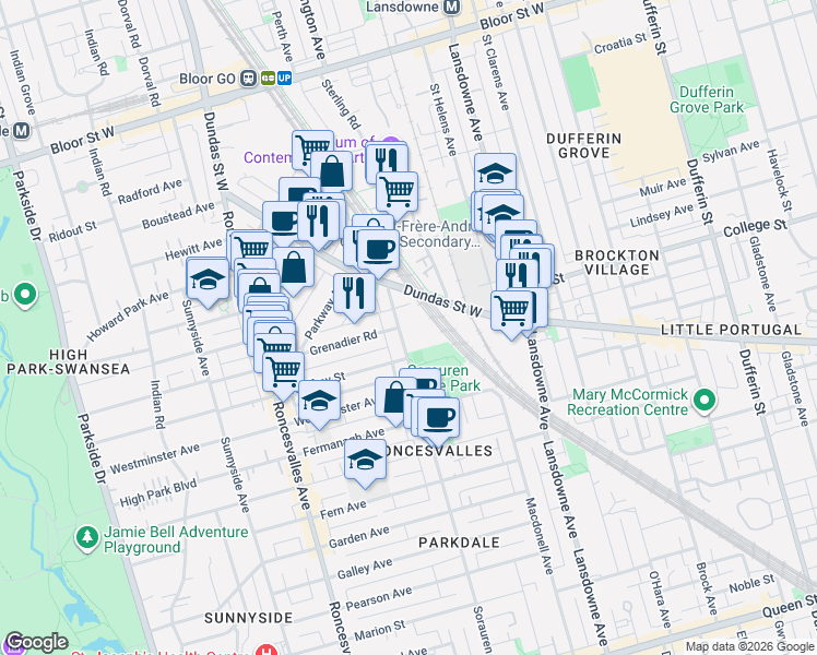map of restaurants, bars, coffee shops, grocery stores, and more near 369 Sorauren Avenue in Toronto