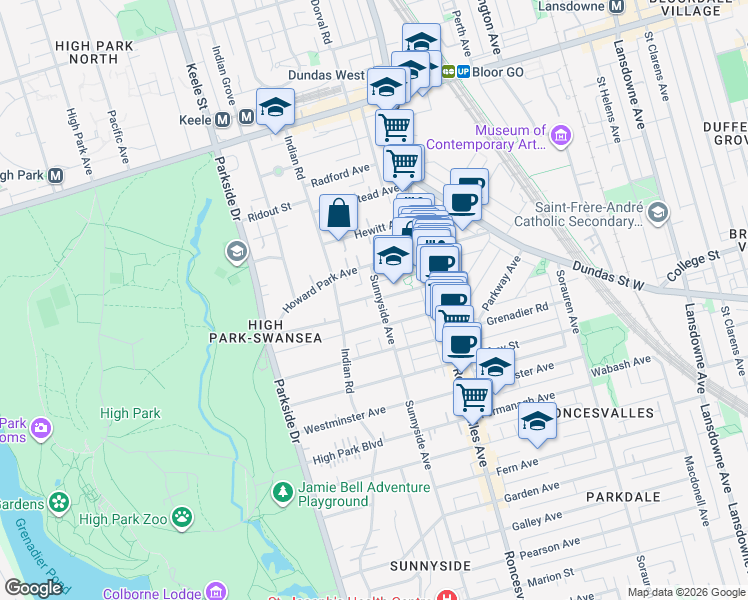 map of restaurants, bars, coffee shops, grocery stores, and more near 376 Sunnyside Avenue in Toronto