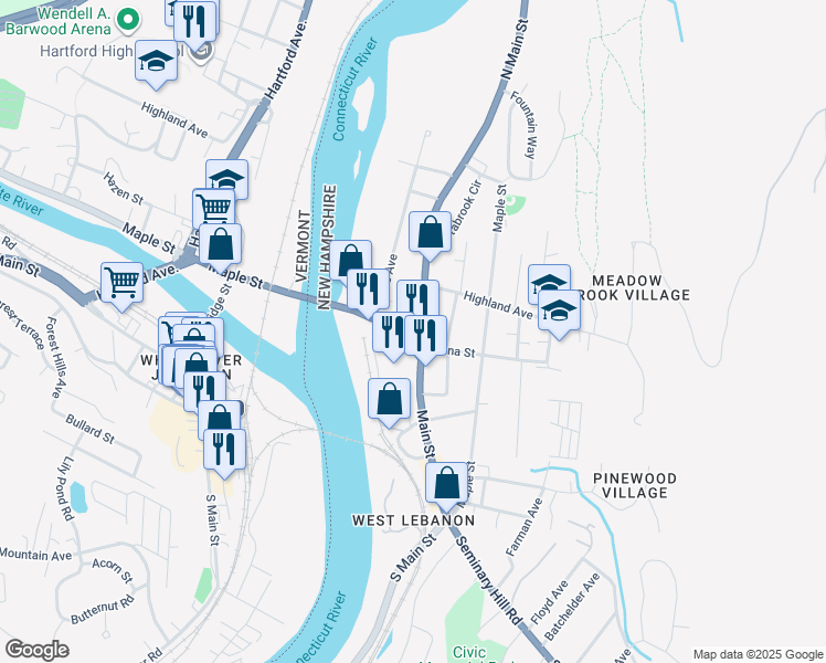 map of restaurants, bars, coffee shops, grocery stores, and more near 99 North Main Street in Lebanon