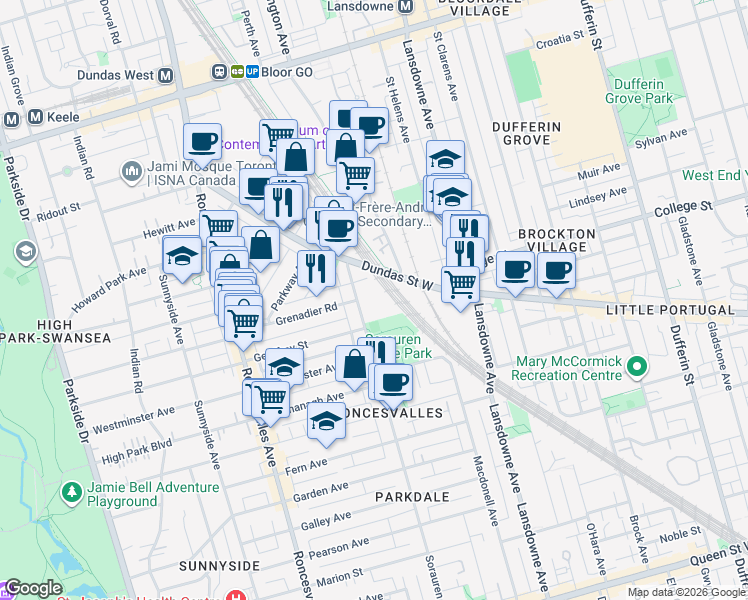 map of restaurants, bars, coffee shops, grocery stores, and more near in Toronto