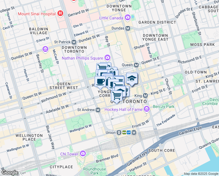 map of restaurants, bars, coffee shops, grocery stores, and more near 110 Adelaide Street West in Toronto