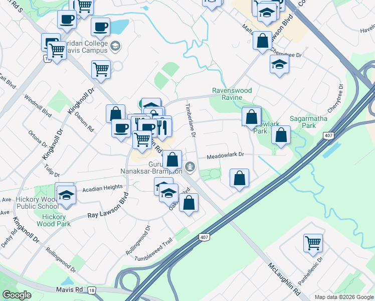 map of restaurants, bars, coffee shops, grocery stores, and more near 101 Garden Gate Circle in Brampton