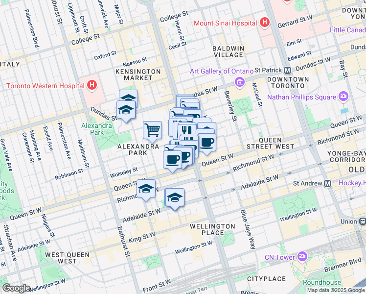map of restaurants, bars, coffee shops, grocery stores, and more near in Toronto