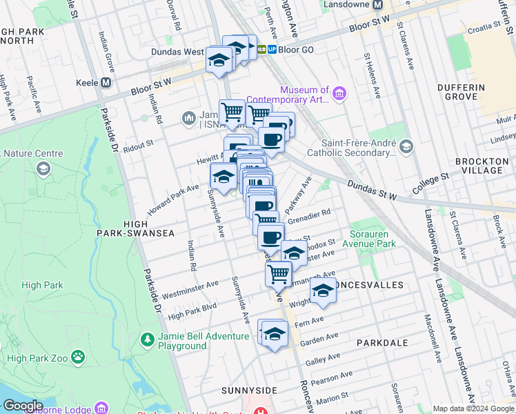 map of restaurants, bars, coffee shops, grocery stores, and more near in Toronto