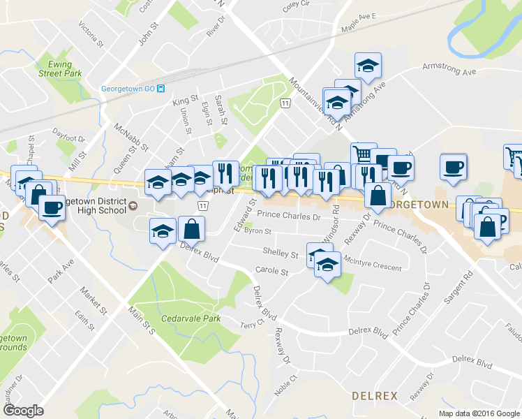 map of restaurants, bars, coffee shops, grocery stores, and more near 9 Prince Charles Drive in Halton Hills