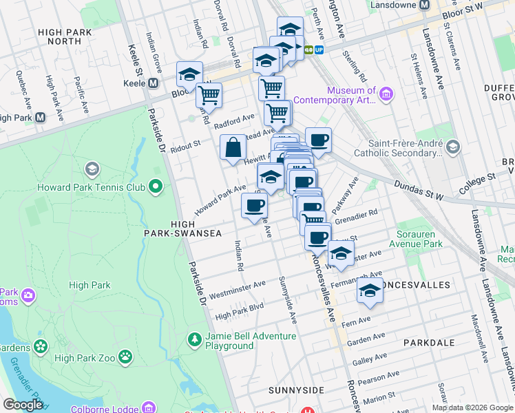 map of restaurants, bars, coffee shops, grocery stores, and more near 376 Sunnyside Avenue in Toronto