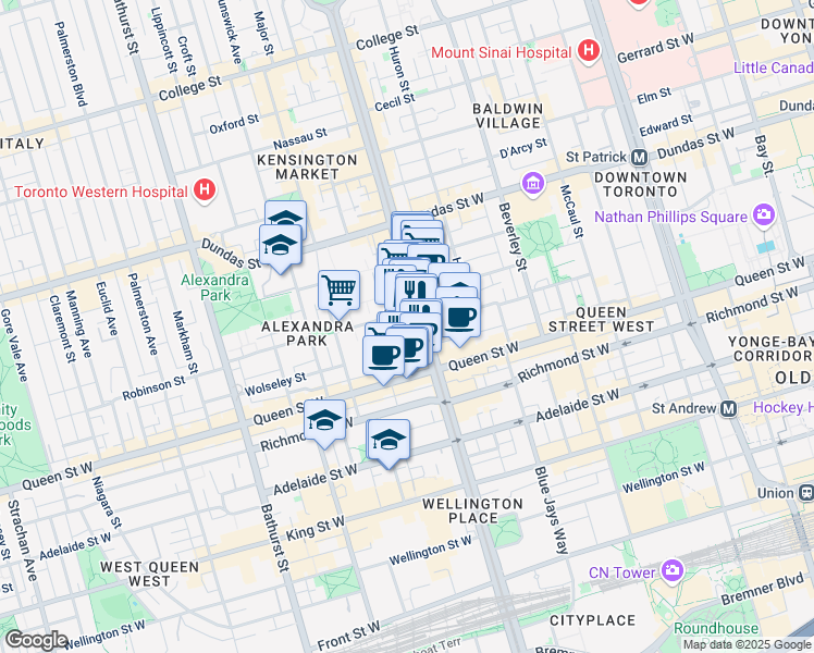 map of restaurants, bars, coffee shops, grocery stores, and more near 192 Spadina Avenue in Toronto