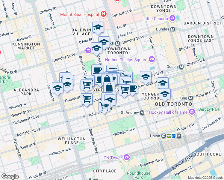 map of restaurants, bars, coffee shops, grocery stores, and more near 199 Richmond Street West in Toronto