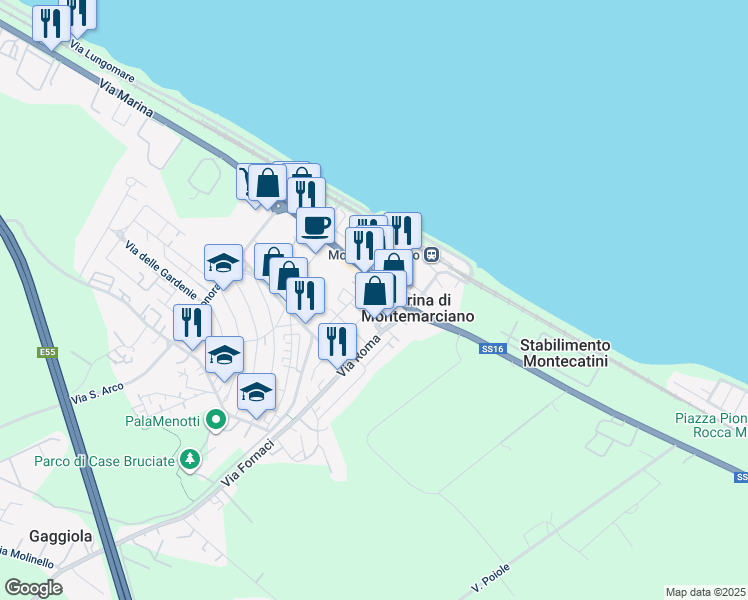 map of restaurants, bars, coffee shops, grocery stores, and more near 15 Via R. Sanzio in Marina di Montemarciano