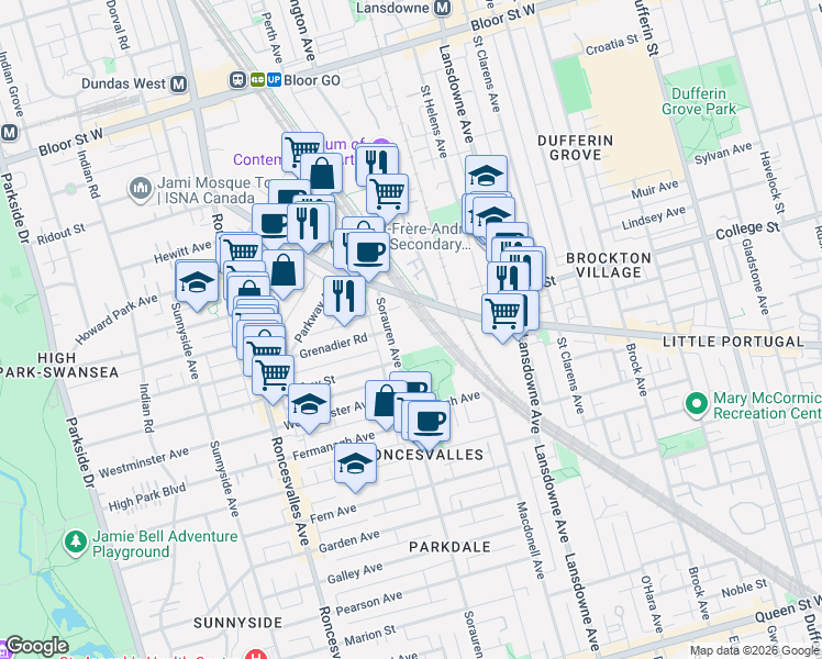 map of restaurants, bars, coffee shops, grocery stores, and more near 369 Sorauren Avenue in Toronto