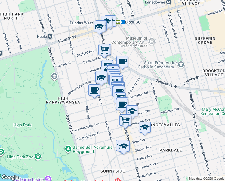 map of restaurants, bars, coffee shops, grocery stores, and more near 320 Roncesvalles Avenue in Toronto