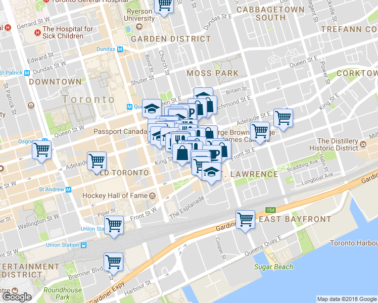 map of restaurants, bars, coffee shops, grocery stores, and more near 92 King Street East in Toronto