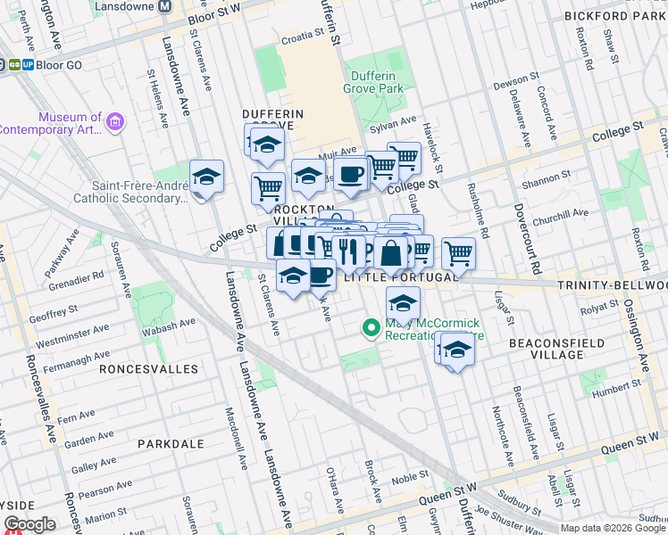 map of restaurants, bars, coffee shops, grocery stores, and more near 1586 Dundas Street West in Toronto