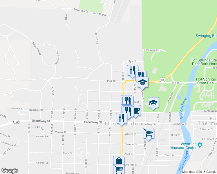 map of restaurants, bars, coffee shops, grocery stores, and more near 414 North 7th Street in Thermopolis