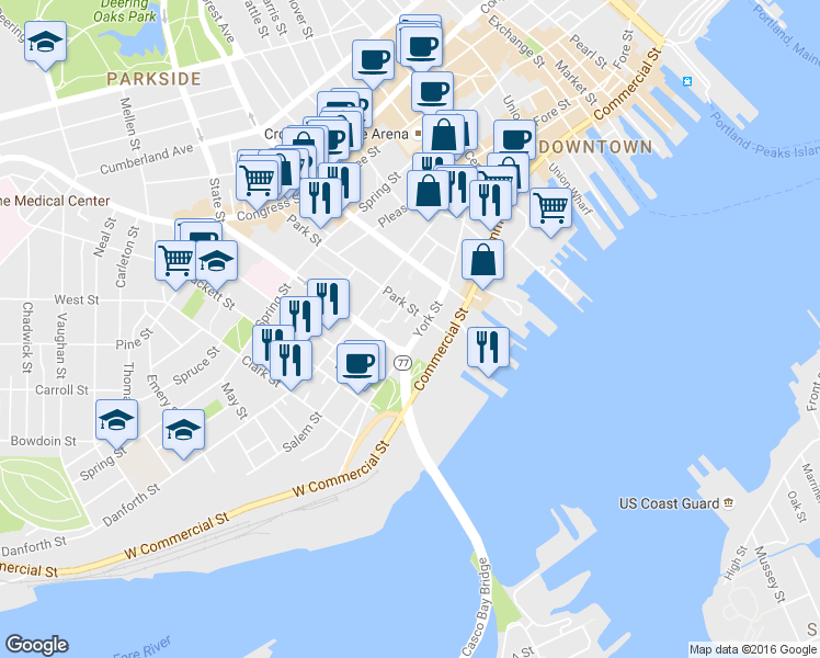 map of restaurants, bars, coffee shops, grocery stores, and more near 14 Stetson Court in Portland