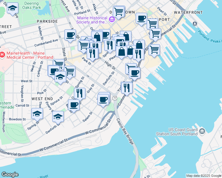 map of restaurants, bars, coffee shops, grocery stores, and more near 14 Stetson Court in Portland