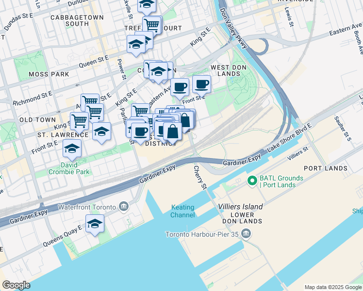 map of restaurants, bars, coffee shops, grocery stores, and more near 70 Distillery Lane in Toronto