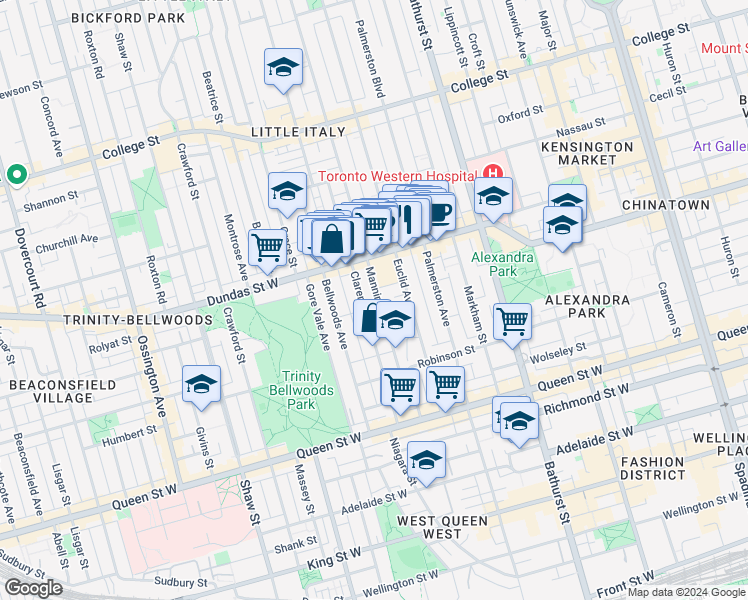 map of restaurants, bars, coffee shops, grocery stores, and more near 115 Manning Avenue in Toronto