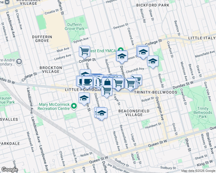 map of restaurants, bars, coffee shops, grocery stores, and more near 1358 Dundas Street West in Toronto