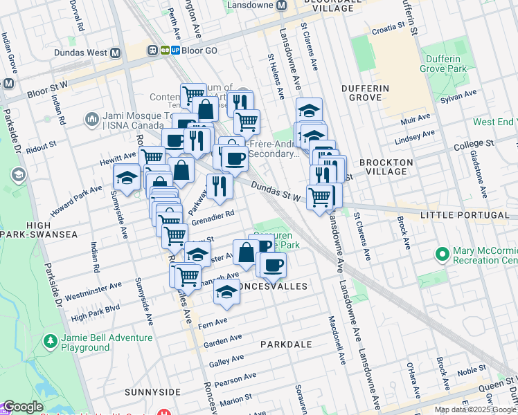 map of restaurants, bars, coffee shops, grocery stores, and more near in Toronto