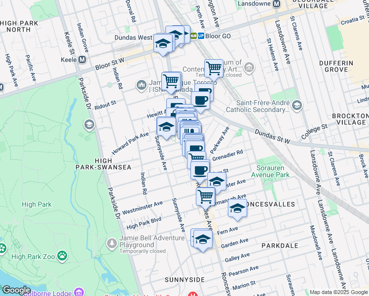 map of restaurants, bars, coffee shops, grocery stores, and more near in Toronto