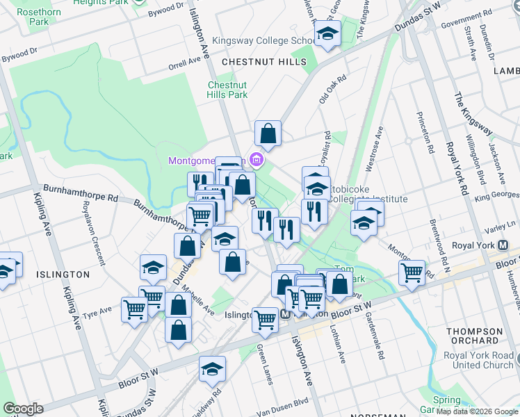 map of restaurants, bars, coffee shops, grocery stores, and more near 1301 Islington Avenue in Toronto