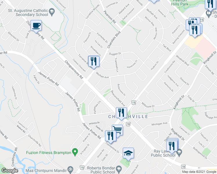 map of restaurants, bars, coffee shops, grocery stores, and more near 6 Ashbrook Way in Brampton
