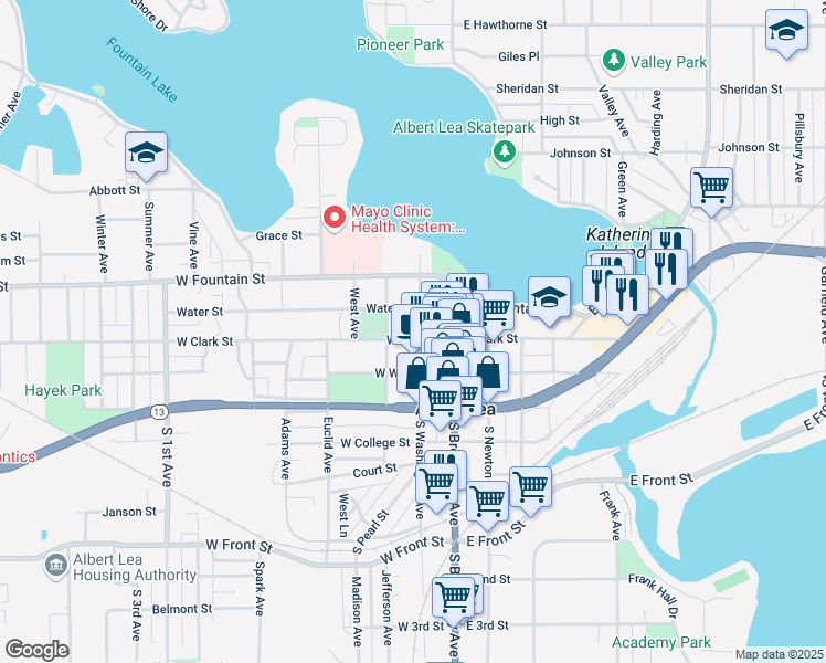 map of restaurants, bars, coffee shops, grocery stores, and more near in Albert Lea