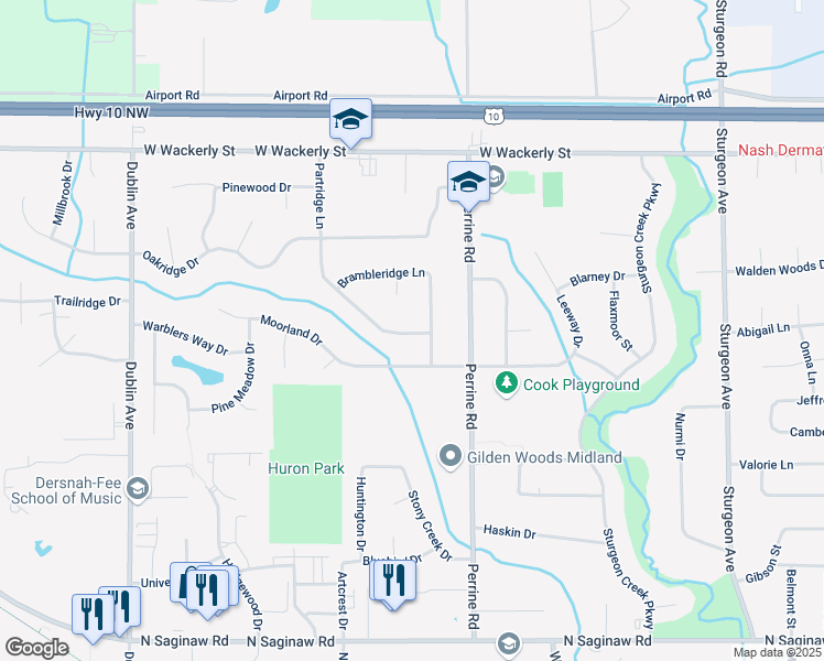 map of restaurants, bars, coffee shops, grocery stores, and more near 4212 Partridge Lane in Midland