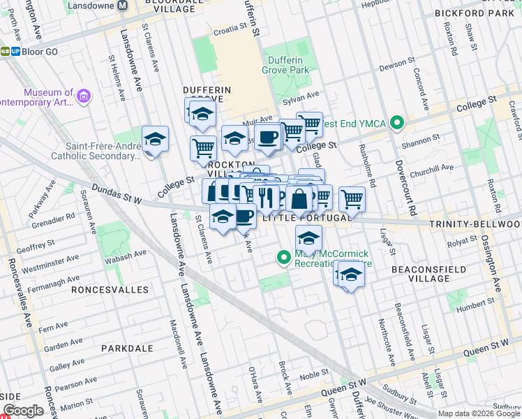 map of restaurants, bars, coffee shops, grocery stores, and more near 1570 Dundas Street West in Toronto