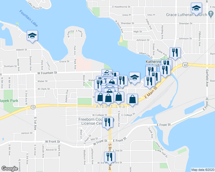 map of restaurants, bars, coffee shops, grocery stores, and more near 110 West Clark Street in Albert Lea