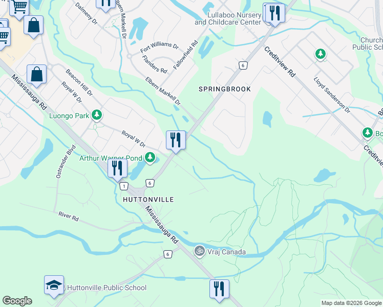 map of restaurants, bars, coffee shops, grocery stores, and more near 21 Folcroft Street in Brampton