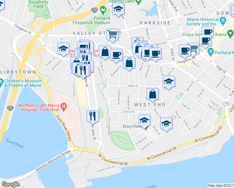 map of restaurants, bars, coffee shops, grocery stores, and more near 88 Chadwick Street in Portland