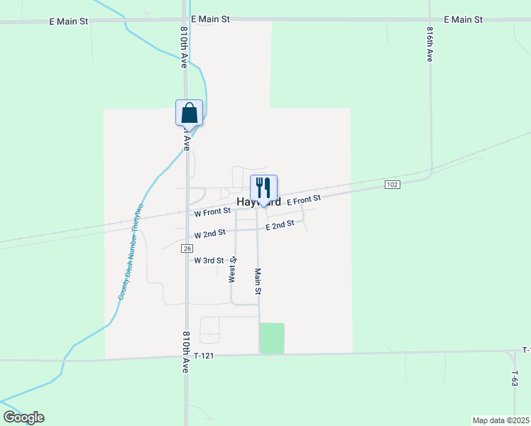 map of restaurants, bars, coffee shops, grocery stores, and more near 103 East Front Street in Hayward
