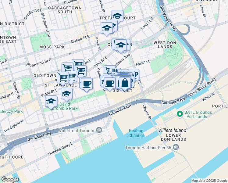 map of restaurants, bars, coffee shops, grocery stores, and more near Gristmill Lane in Toronto