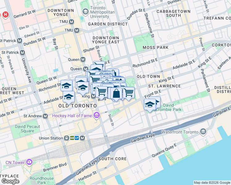 map of restaurants, bars, coffee shops, grocery stores, and more near 92 King Street West in Toronto