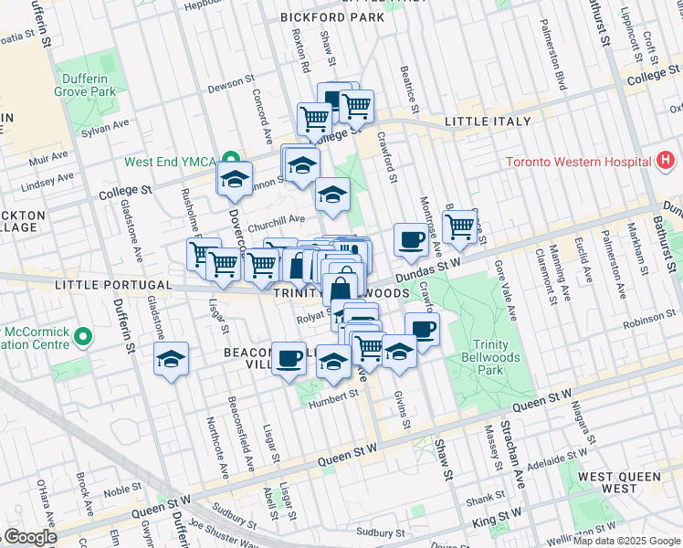 map of restaurants, bars, coffee shops, grocery stores, and more near 261 Ossington Avenue in Toronto