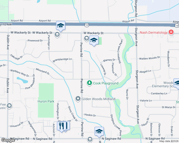 map of restaurants, bars, coffee shops, grocery stores, and more near 5768 Highland Drive in Midland