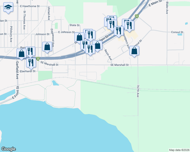 map of restaurants, bars, coffee shops, grocery stores, and more near 2019 Bimelich Lane in Albert Lea
