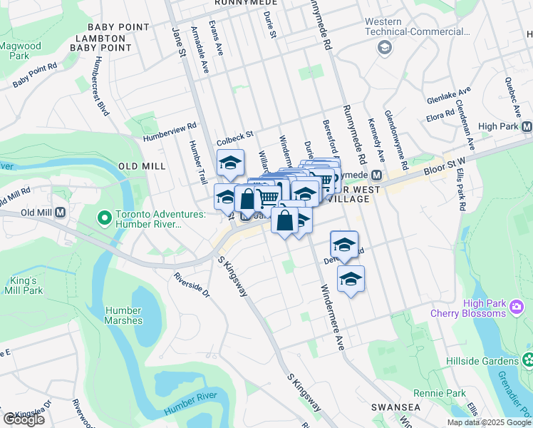 map of restaurants, bars, coffee shops, grocery stores, and more near 2390 Bloor Street West in Toronto