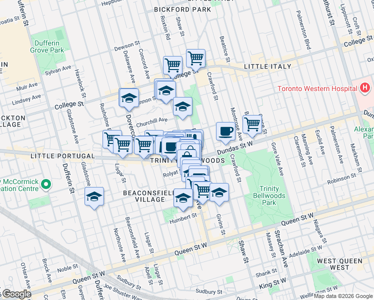 map of restaurants, bars, coffee shops, grocery stores, and more near in Toronto