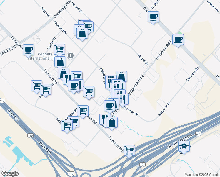 map of restaurants, bars, coffee shops, grocery stores, and more near 879 Westport Crescent in Mississauga