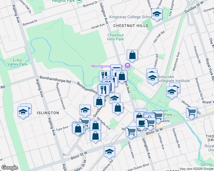 map of restaurants, bars, coffee shops, grocery stores, and more near 9 Burnhamthorpe Crescent in Toronto