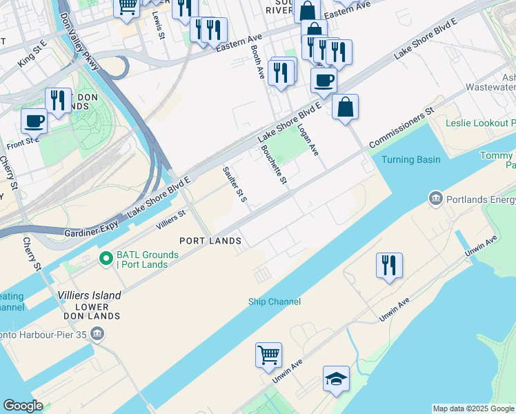 map of restaurants, bars, coffee shops, grocery stores, and more near 280 Commissioners Street in Toronto