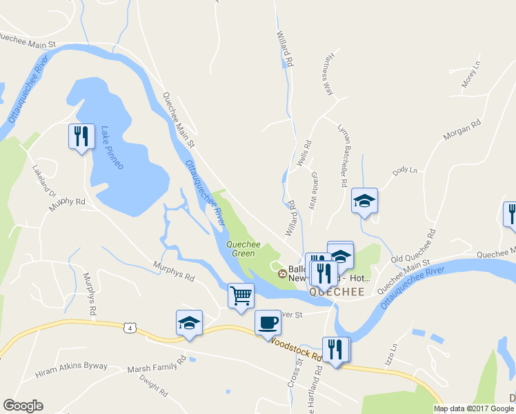 map of restaurants, bars, coffee shops, grocery stores, and more near 2111 Quechee Main Street in Hartford