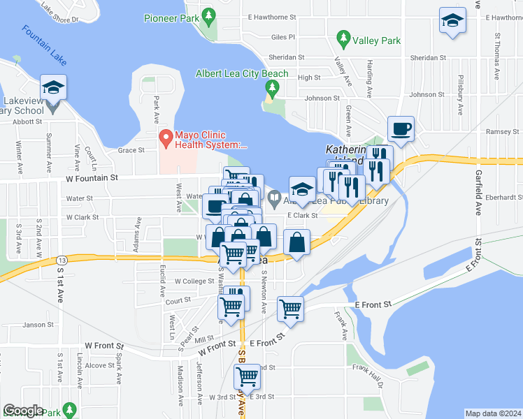 map of restaurants, bars, coffee shops, grocery stores, and more near 137 East Clark Street in Albert Lea