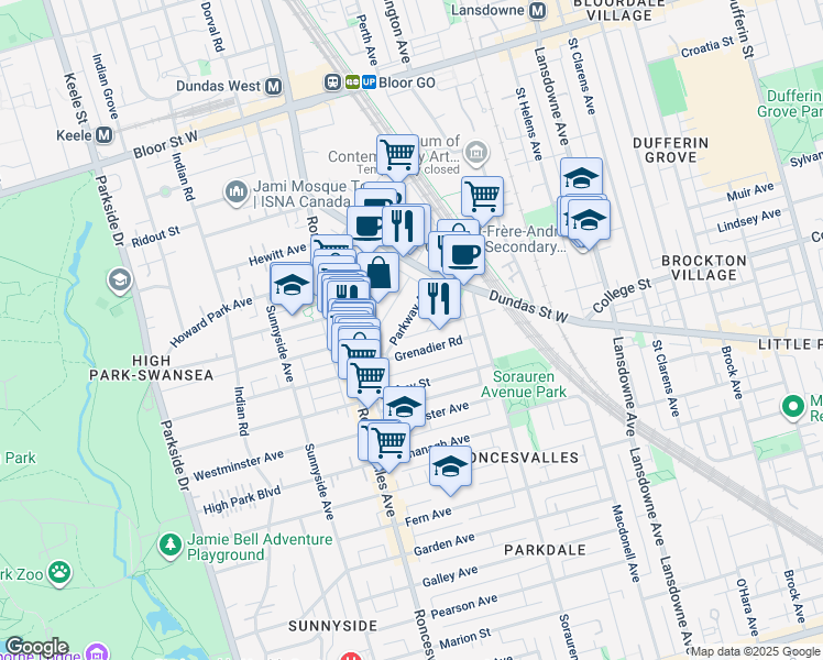 map of restaurants, bars, coffee shops, grocery stores, and more near 37 Parkway Avenue in Toronto