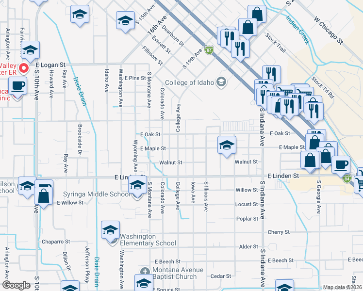 map of restaurants, bars, coffee shops, grocery stores, and more near 2219 College Avenue in Caldwell