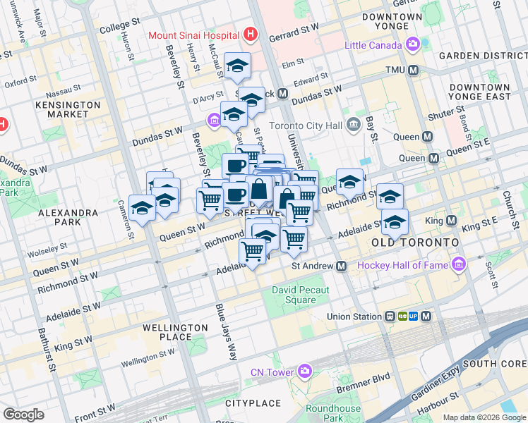 map of restaurants, bars, coffee shops, grocery stores, and more near 269 Queen Street West in Toronto