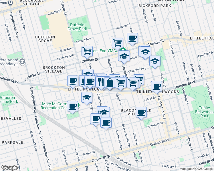 map of restaurants, bars, coffee shops, grocery stores, and more near 14 Rusholme Drive in Toronto